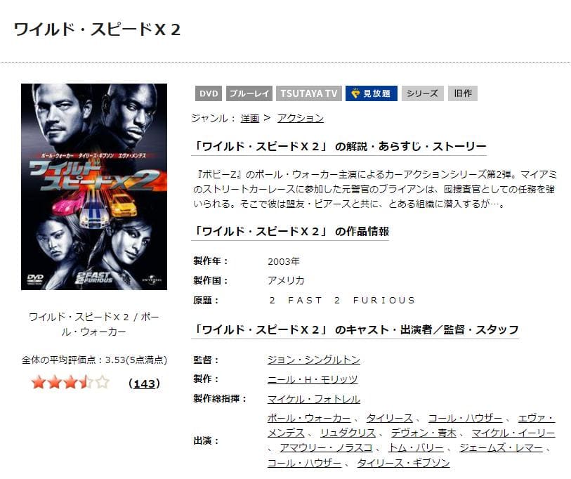 ワイルド・スピードX2 TSUTAYA DISCAS