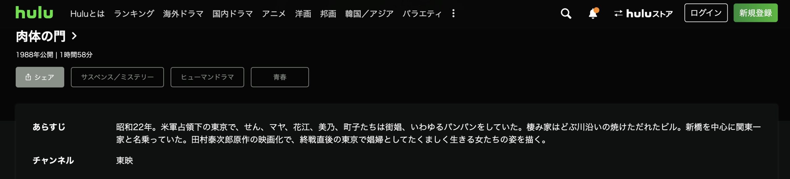 肉体の門 Hulu 映画視聴方法