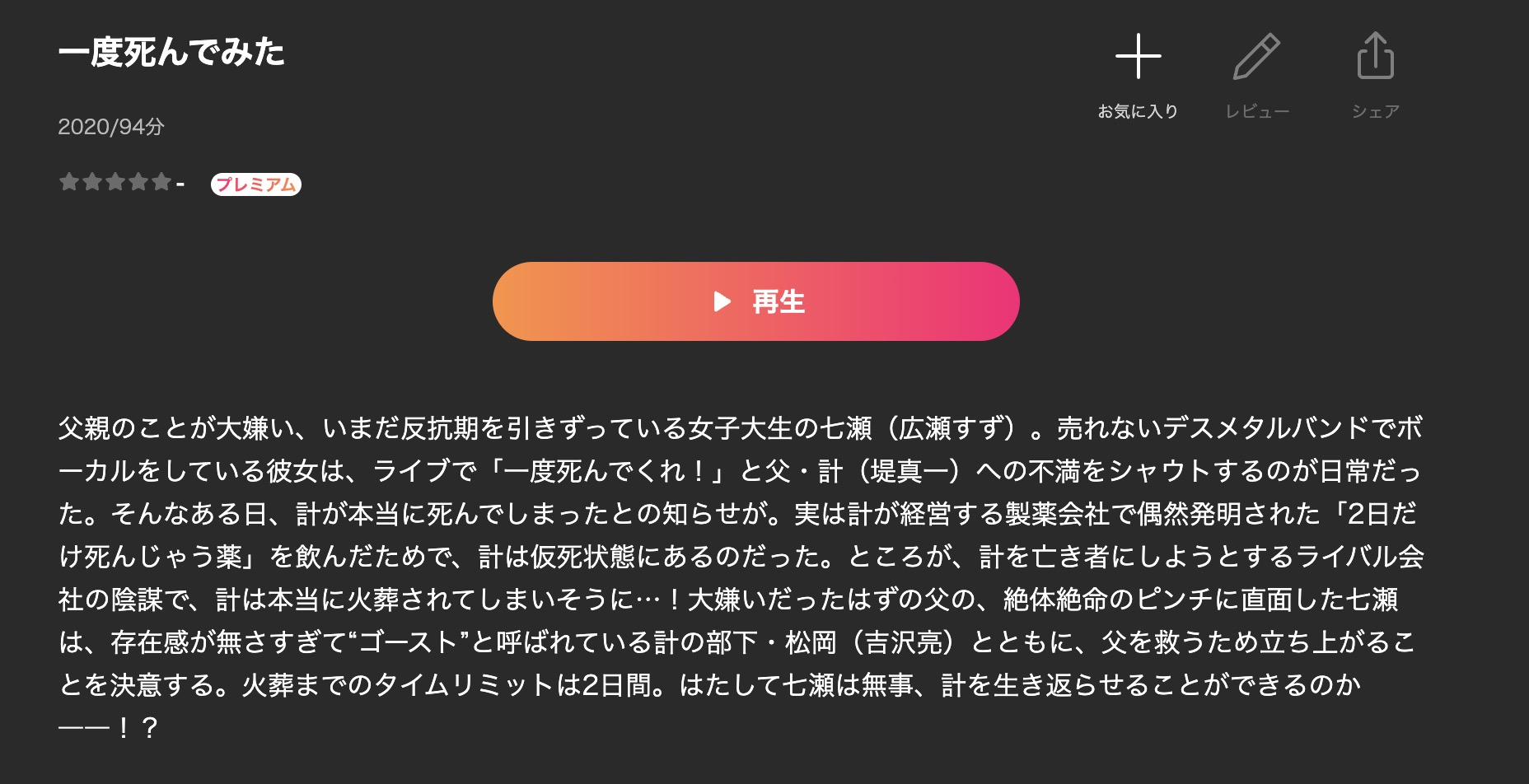 一度死んでみた Leminoプレミアム 映画視聴方法