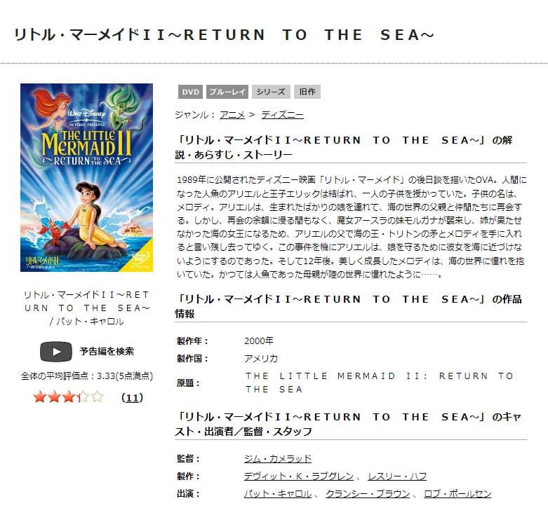 リトル・マーメイド2／Return to The Sea TSUTAYA DISCAS