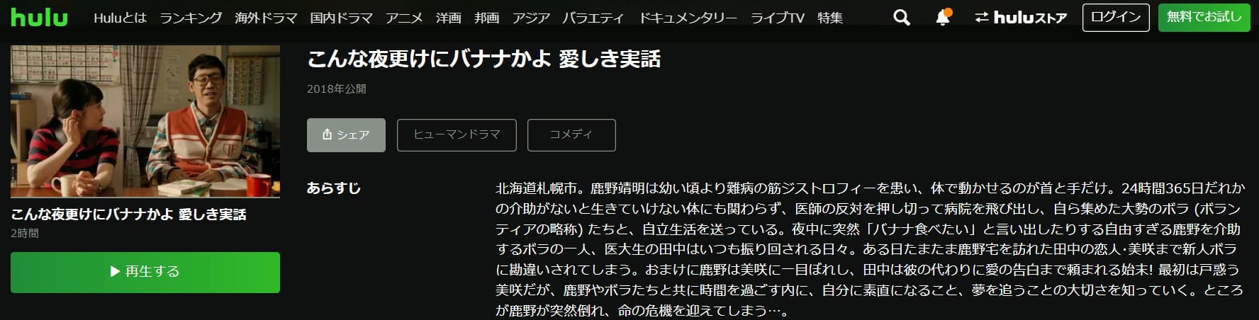 こんな夜更けにバナナかよ 愛しき実話Hulu